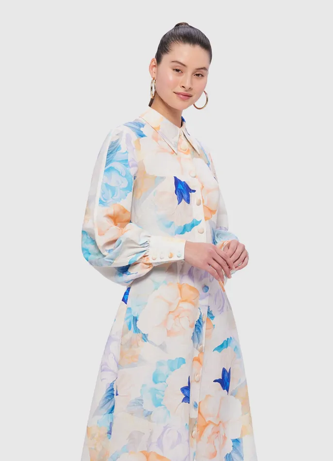 Women Cecilia Linen Midi Dress 8211 Rosebud Print in Cream Dresses and Jumpsuits LEO LIN