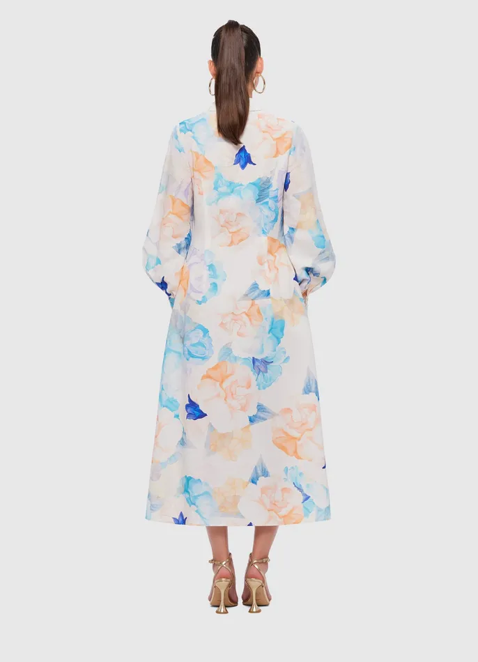 Women Cecilia Linen Midi Dress 8211 Rosebud Print in Cream Dresses and Jumpsuits LEO LIN