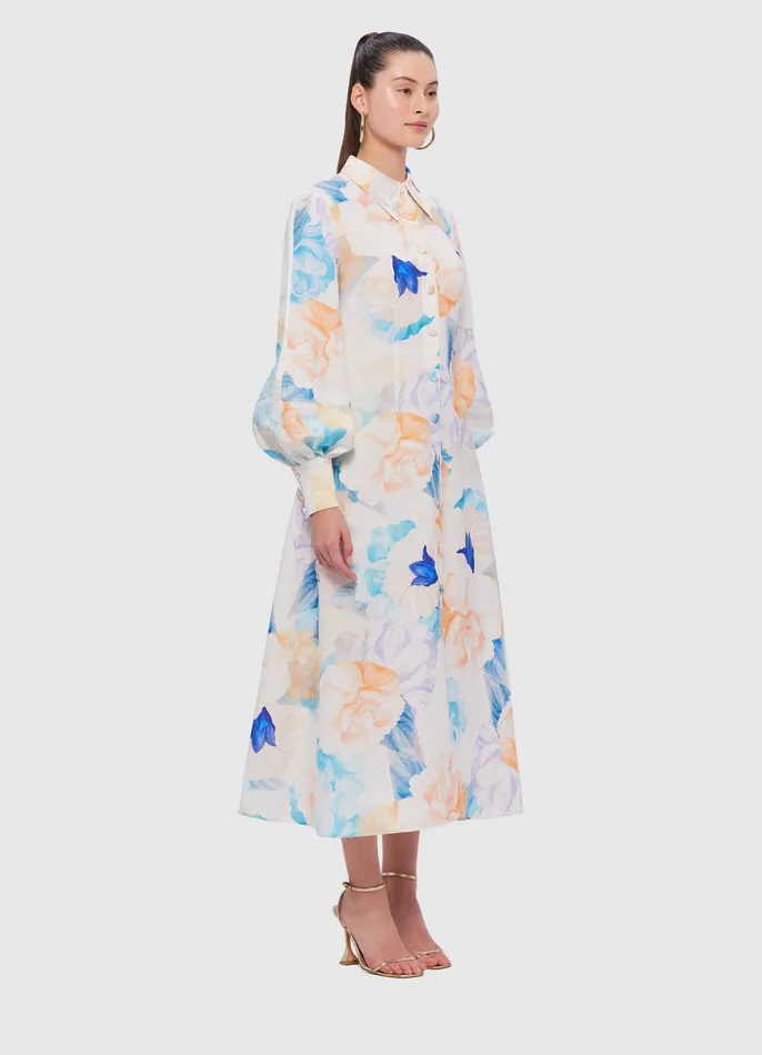Women Cecilia Linen Midi Dress 8211 Rosebud Print in Cream Dresses and Jumpsuits LEO LIN