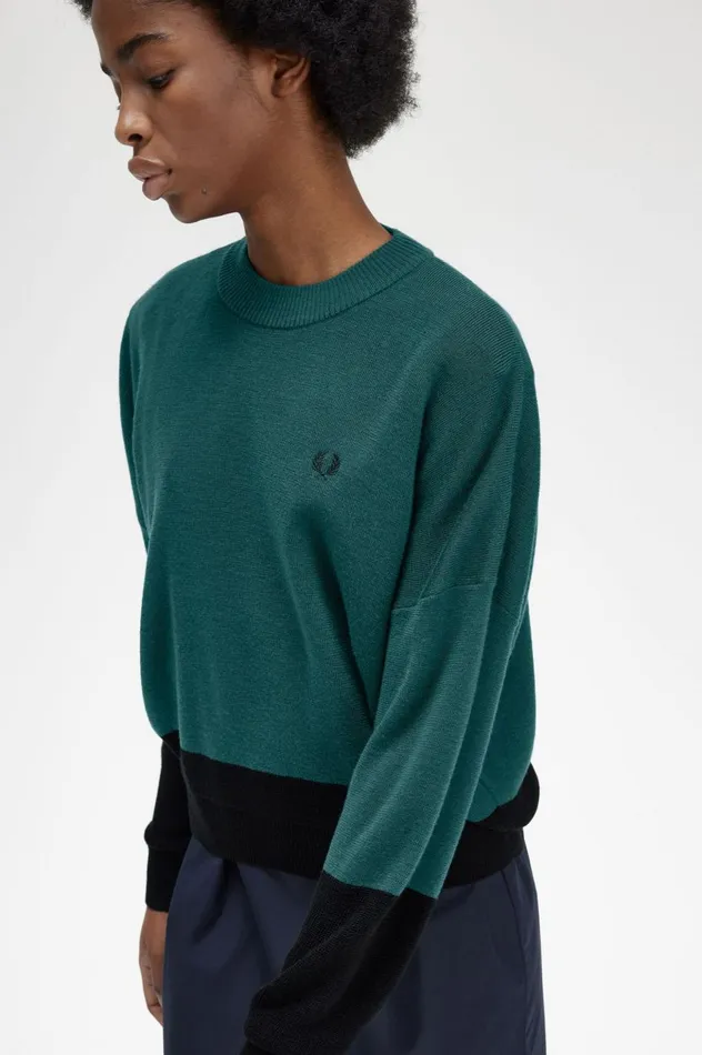 Women Colour Block Jumper Petrol Blue Fred Perry Knitwear