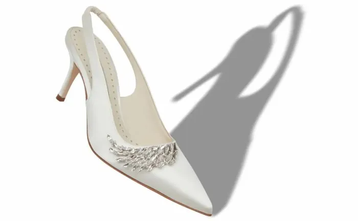 Women Cream Satin Jewel Embellished Slingback Pumps Manolo Blahnik Pumps