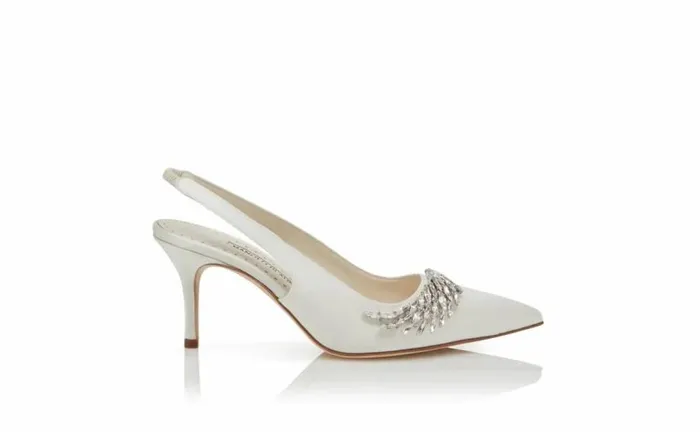 Women Cream Satin Jewel Embellished Slingback Pumps Manolo Blahnik Pumps