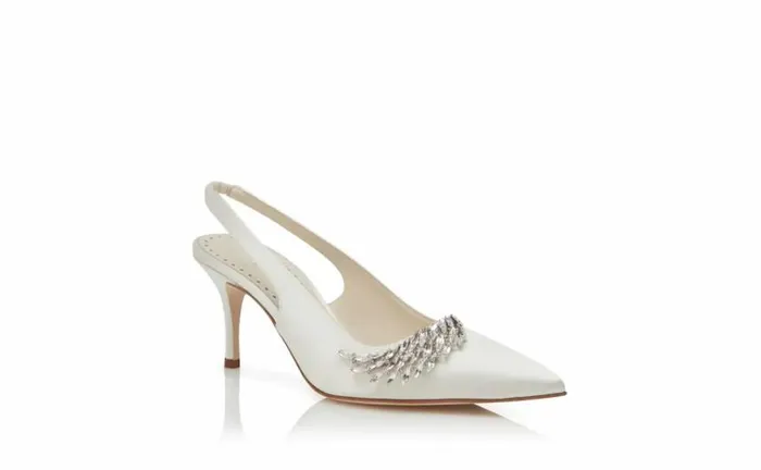 Women Cream Satin Jewel Embellished Slingback Pumps Manolo Blahnik Pumps