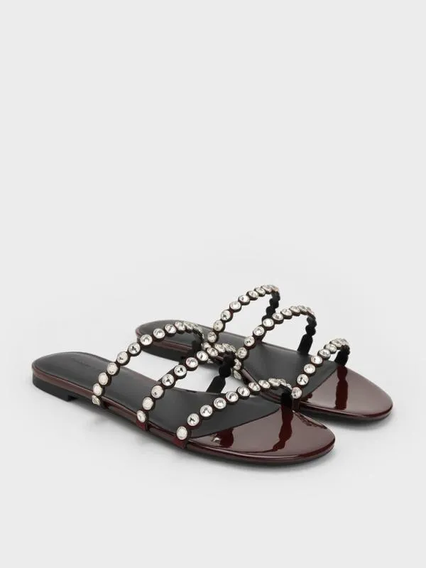 Women CrystalEmbellished TripleStrap Sandals 8211 Burgundy CHARLES and KEITH Sandals