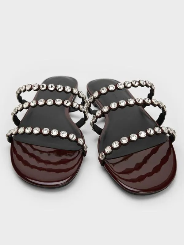 Women CrystalEmbellished TripleStrap Sandals 8211 Burgundy CHARLES and KEITH Sandals