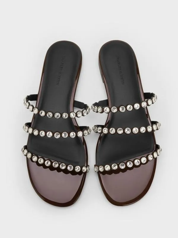 Women CrystalEmbellished TripleStrap Sandals 8211 Burgundy CHARLES and KEITH Sandals