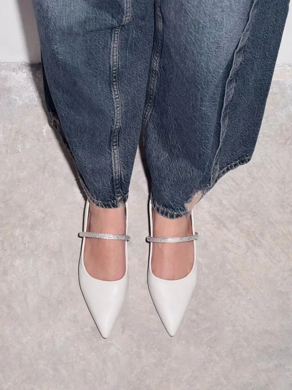 Women CrystalStrap PointedToe Slingback Flats 8211 White CHARLES and KEITH Ballet Flats