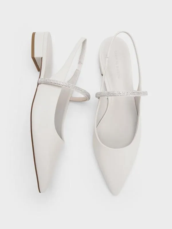 Women CrystalStrap PointedToe Slingback Flats 8211 White CHARLES and KEITH Ballet Flats