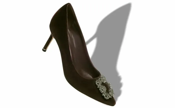 Women Dark Brown Velvet Jewel Buckle Pumps Manolo Blahnik Pumps