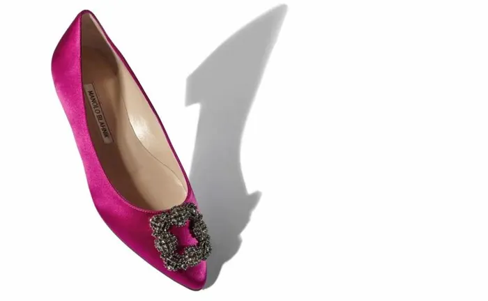 Women Dark Fuchsia Satin Jewel Buckle Flat Pumps Manolo Blahnik Flats