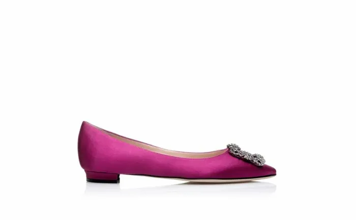 Women Dark Fuchsia Satin Jewel Buckle Flat Pumps Manolo Blahnik Flats
