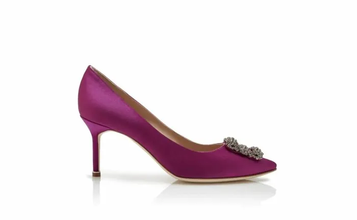 Women Dark Fuchsia Satin Jewel Buckle Pumps Manolo Blahnik Pumps