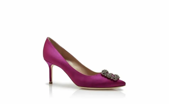Women Dark Fuchsia Satin Jewel Buckle Pumps Manolo Blahnik Pumps