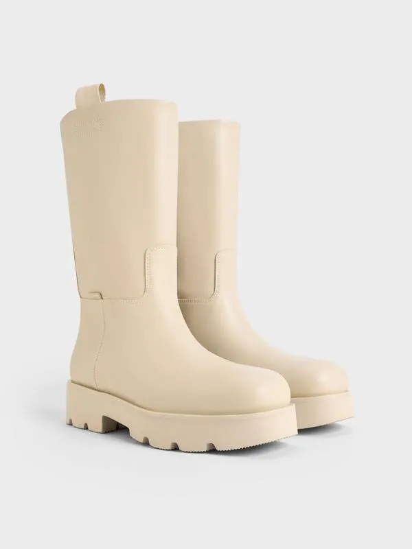 Women Double PullTab Calf Boots 8211 Beige CHARLES and KEITH Boots