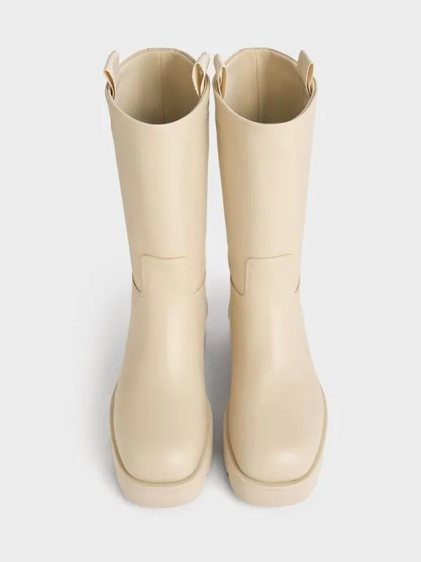 Women Double PullTab Calf Boots 8211 Beige CHARLES and KEITH Boots