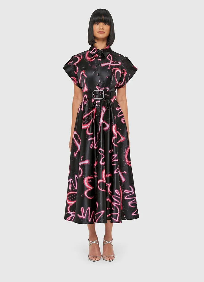Women Dresses and Jumpsuits LEO LIN Anita Pocket Shirt Midi Dress 8211 Neon Heart Print