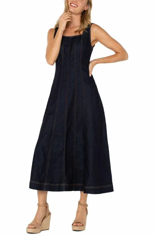 Women Dresses Liverpool Los Angeles Midi Dress With Smocked Back Indigo Rinse