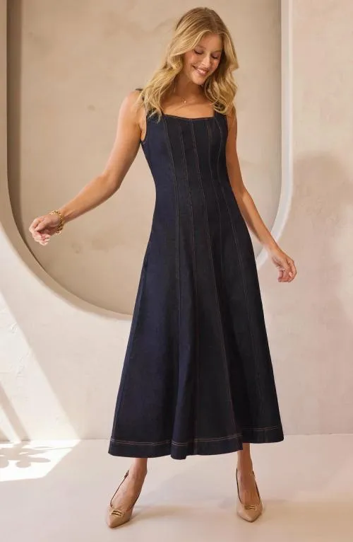 Women Dresses Liverpool Los Angeles Midi Dress With Smocked Back Indigo Rinse