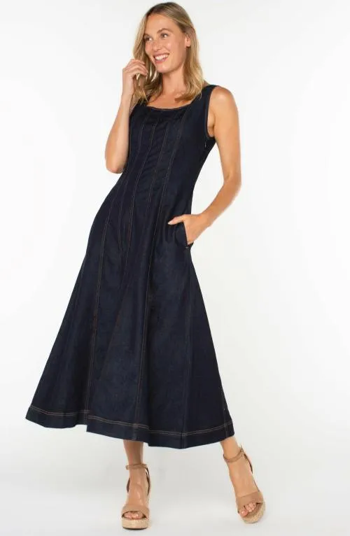 Women Dresses Liverpool Los Angeles Midi Dress With Smocked Back Indigo Rinse