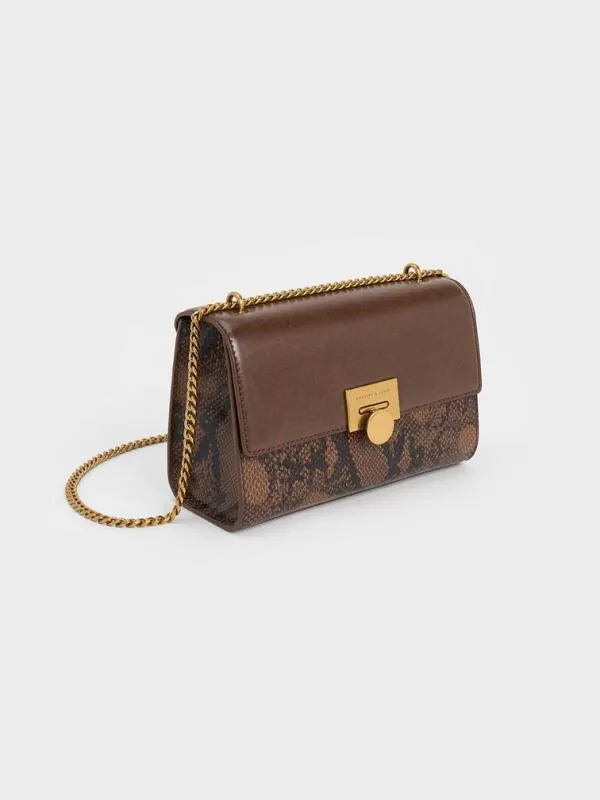 Women Ebba Snake Print ChainStrap Bag 8211 Brown CHARLES and KEITH Crossbody Bags