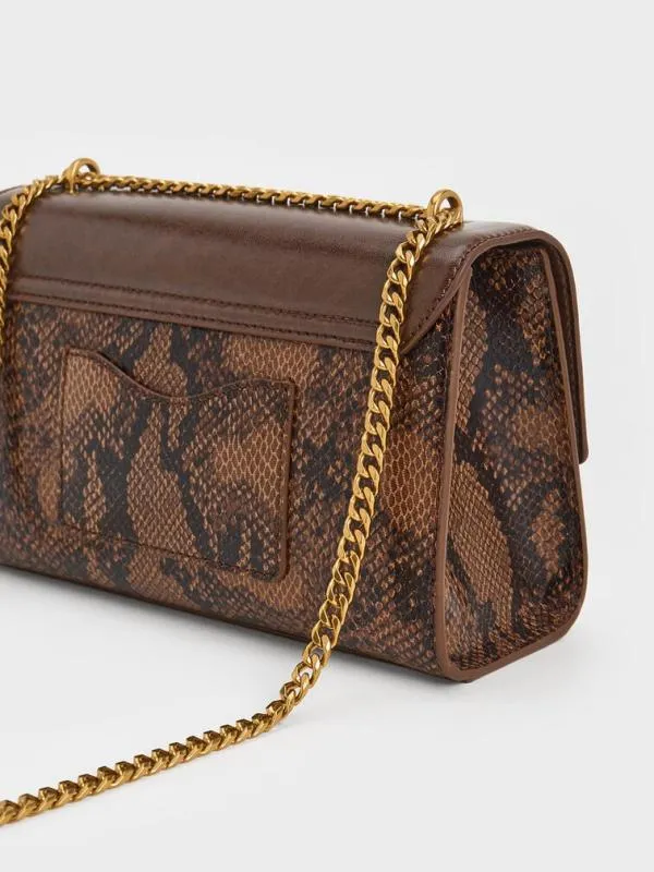 Women Ebba Snake Print ChainStrap Bag 8211 Brown CHARLES and KEITH Crossbody Bags