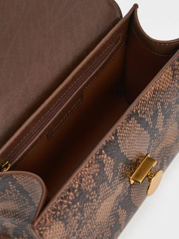 Women Ebba Snake Print ChainStrap Bag 8211 Brown CHARLES and KEITH Crossbody Bags