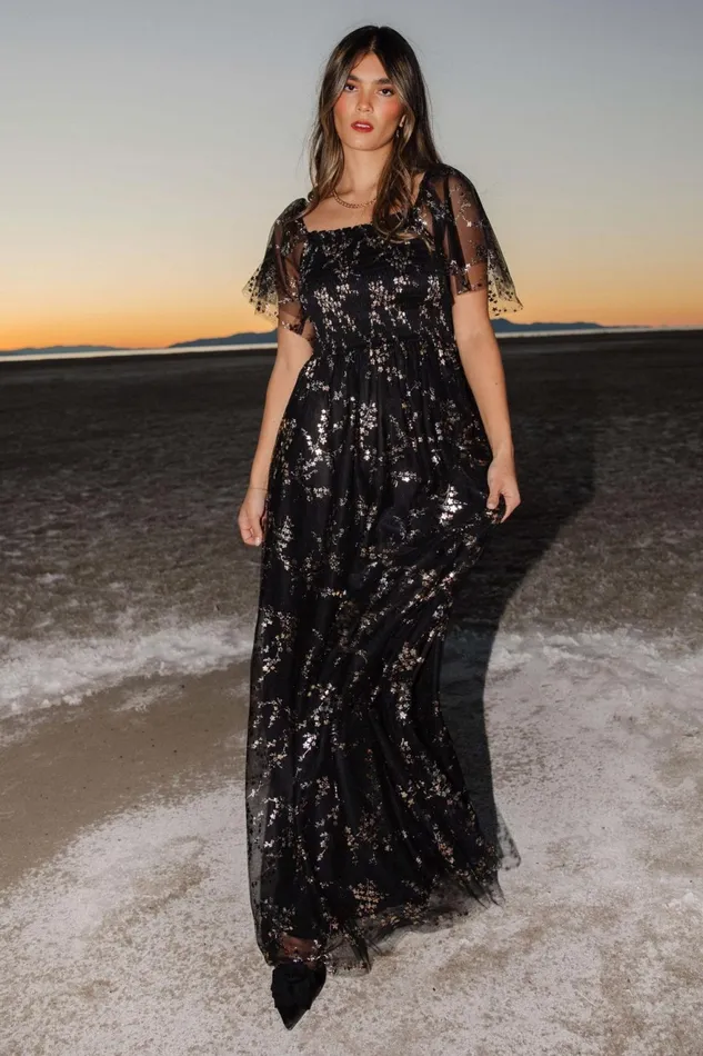 Women Embellished Sequin Baltic Born Cassandra Tulle Maxi Dress Metallic Black
