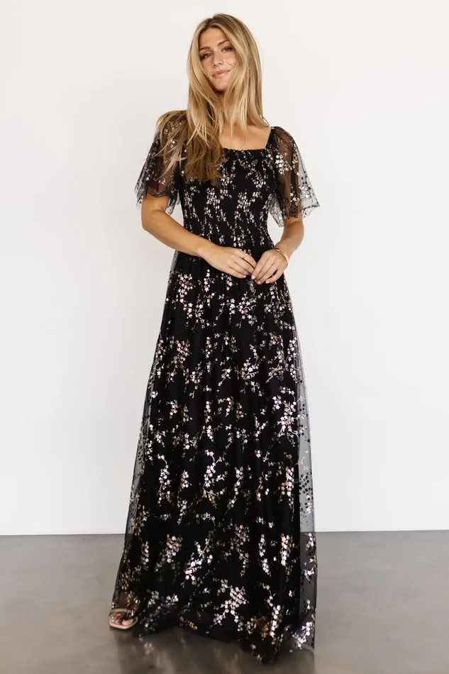 Women Embellished Sequin Baltic Born Cassandra Tulle Maxi Dress Metallic Black