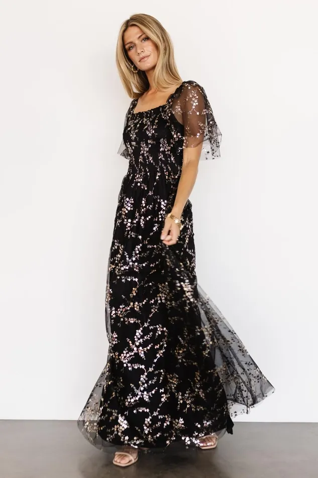 Women Embellished Sequin Baltic Born Cassandra Tulle Maxi Dress Metallic Black