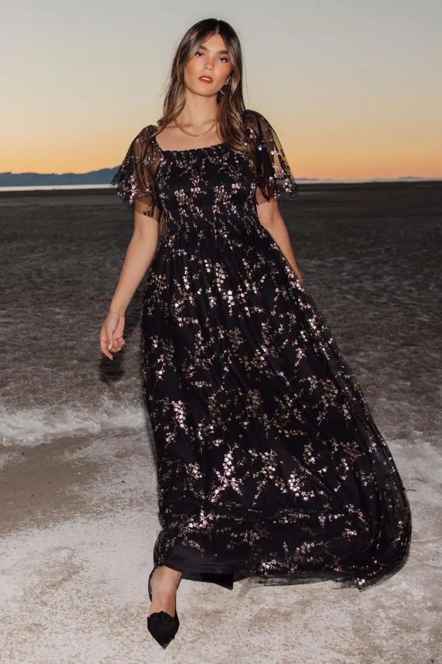 Women Embellished Sequin Baltic Born Cassandra Tulle Maxi Dress Metallic Black