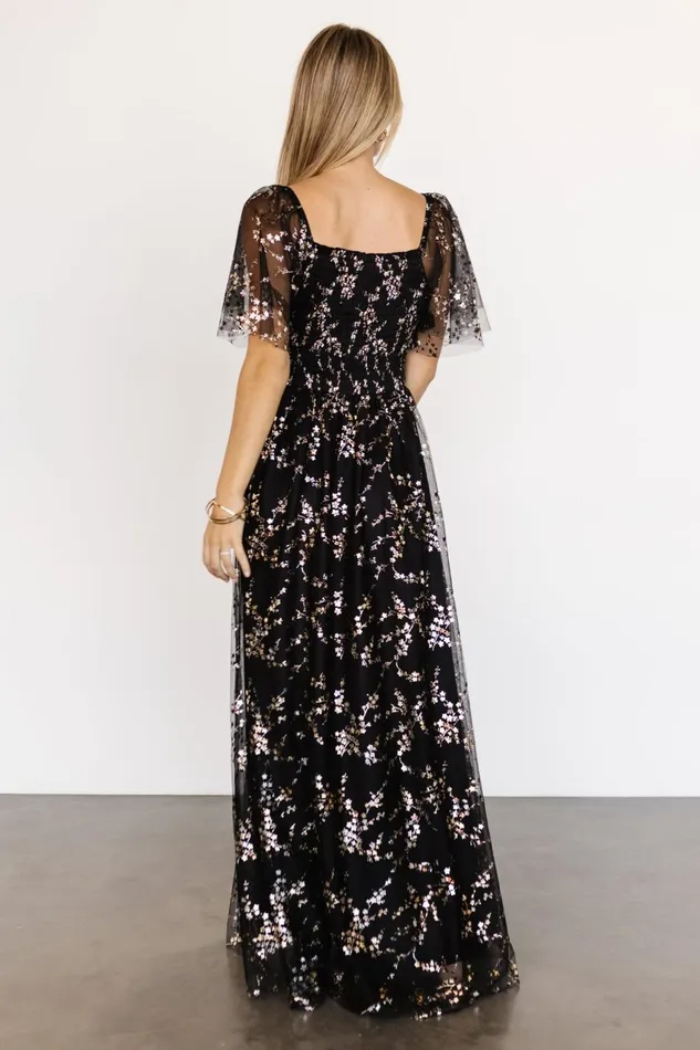 Women Embellished Sequin Baltic Born Cassandra Tulle Maxi Dress Metallic Black