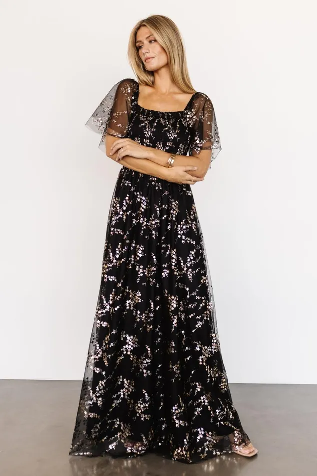 Women Embellished Sequin Baltic Born Cassandra Tulle Maxi Dress Metallic Black