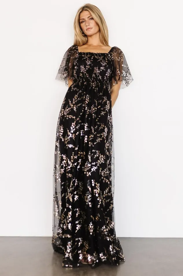 Women Embellished Sequin Baltic Born Cassandra Tulle Maxi Dress Metallic Black