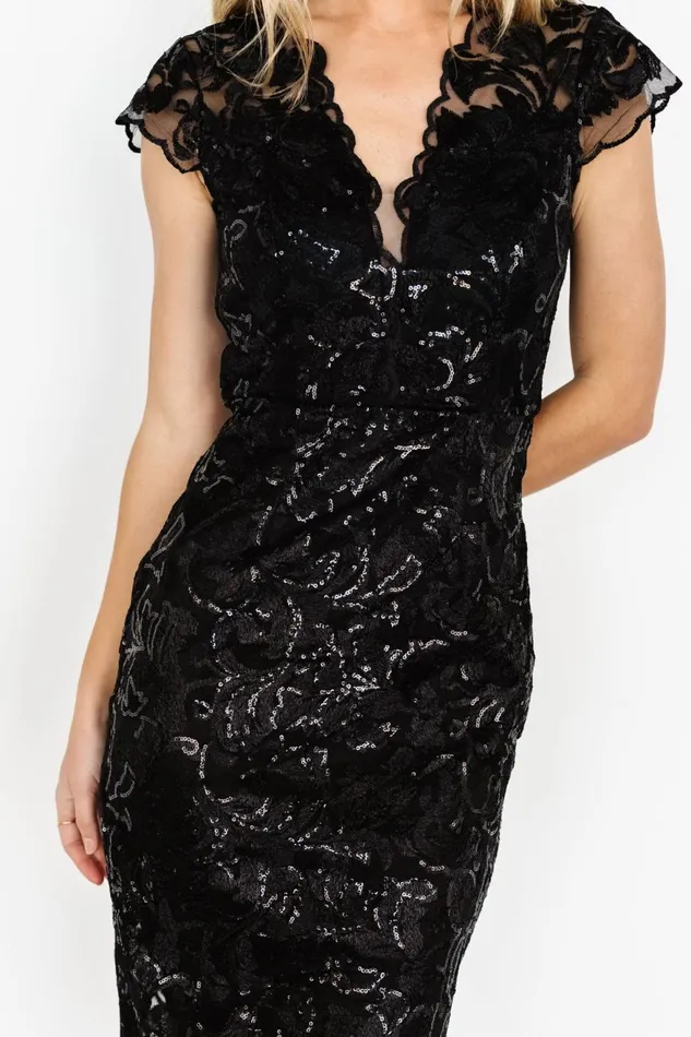 Women Embellished Sequin Baltic Born Jacqueline Embossed Midi Dress Black
