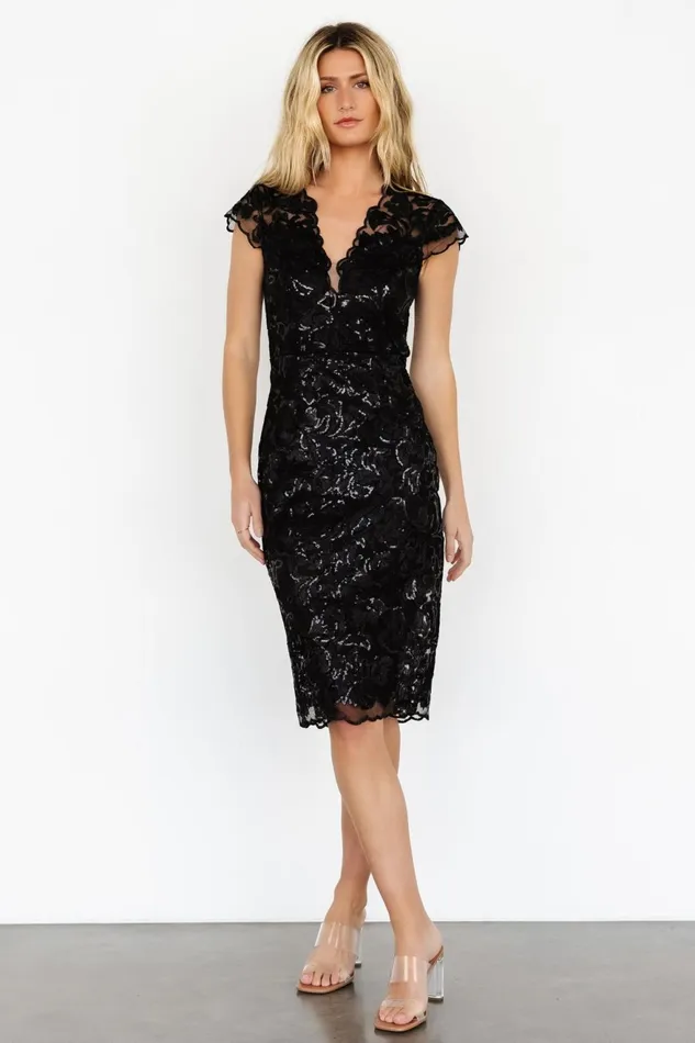 Women Embellished Sequin Baltic Born Jacqueline Embossed Midi Dress Black