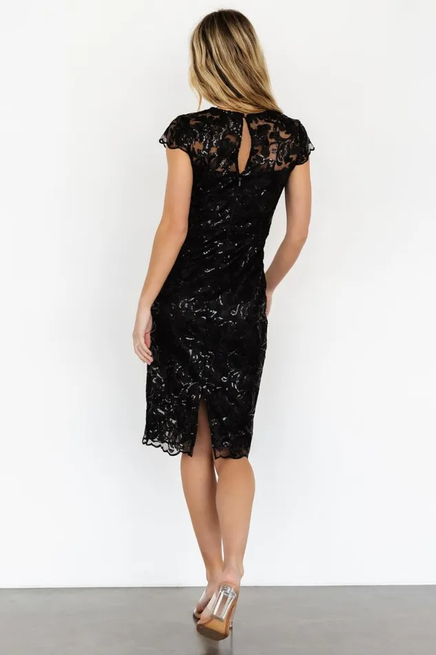 Women Embellished Sequin Baltic Born Jacqueline Embossed Midi Dress Black