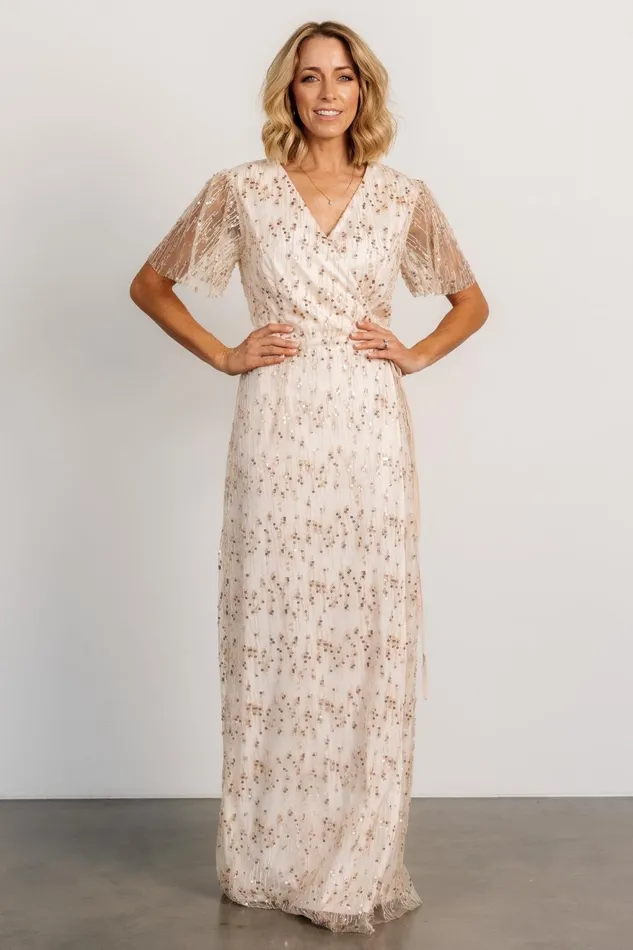 Women Embellished Sequin Baltic Born Liza Sequin Wrap Maxi Dress Rose Gold