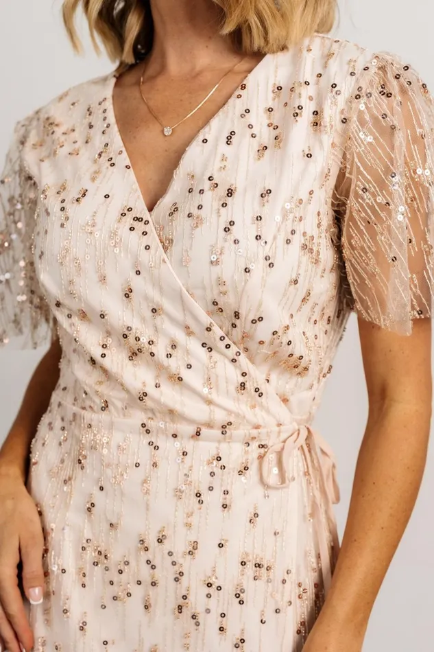Women Embellished Sequin Baltic Born Liza Sequin Wrap Maxi Dress Rose Gold