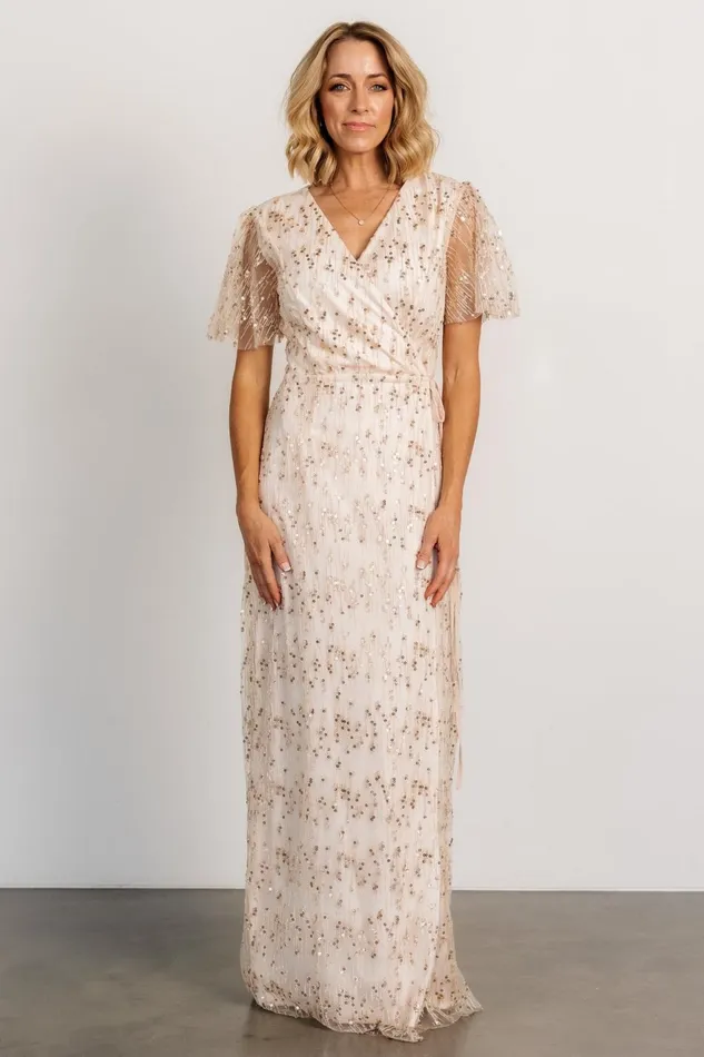 Women Embellished Sequin Baltic Born Liza Sequin Wrap Maxi Dress Rose Gold
