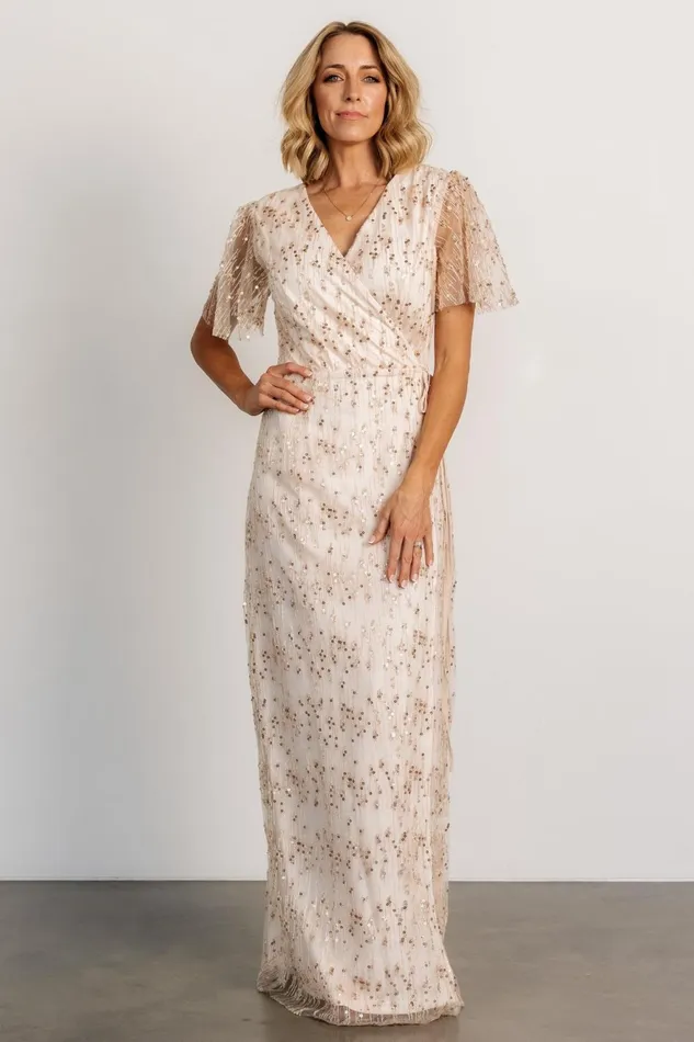 Women Embellished Sequin Baltic Born Liza Sequin Wrap Maxi Dress Rose Gold