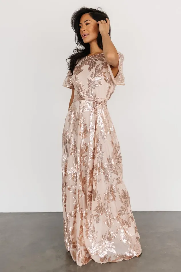 Women Embellished Sequin Baltic Born Muse Sequin Maxi Dress Rose Gold