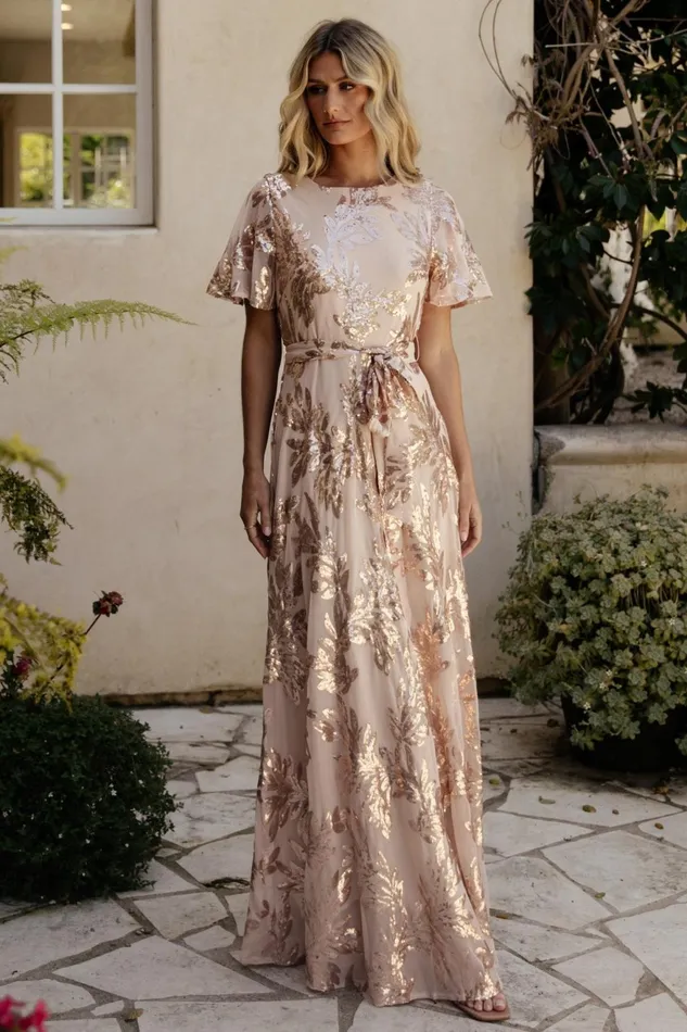 Women Embellished Sequin Baltic Born Muse Sequin Maxi Dress Rose Gold