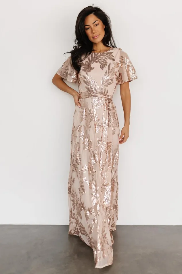 Women Embellished Sequin Baltic Born Muse Sequin Maxi Dress Rose Gold