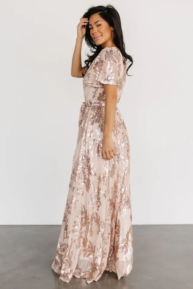 Women Embellished Sequin Baltic Born Muse Sequin Maxi Dress Rose Gold