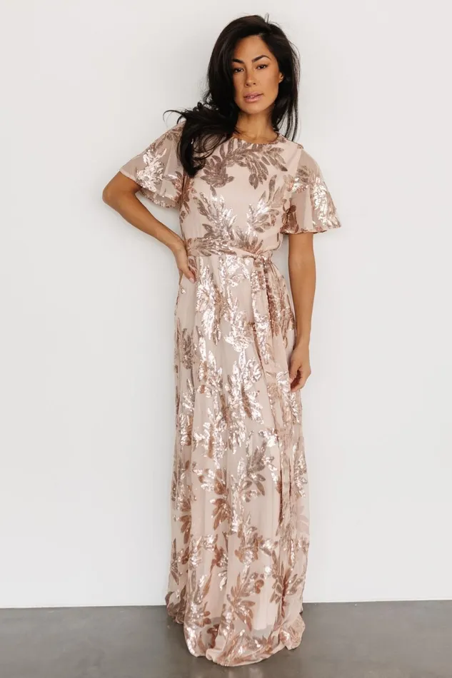 Women Embellished Sequin Baltic Born Muse Sequin Maxi Dress Rose Gold