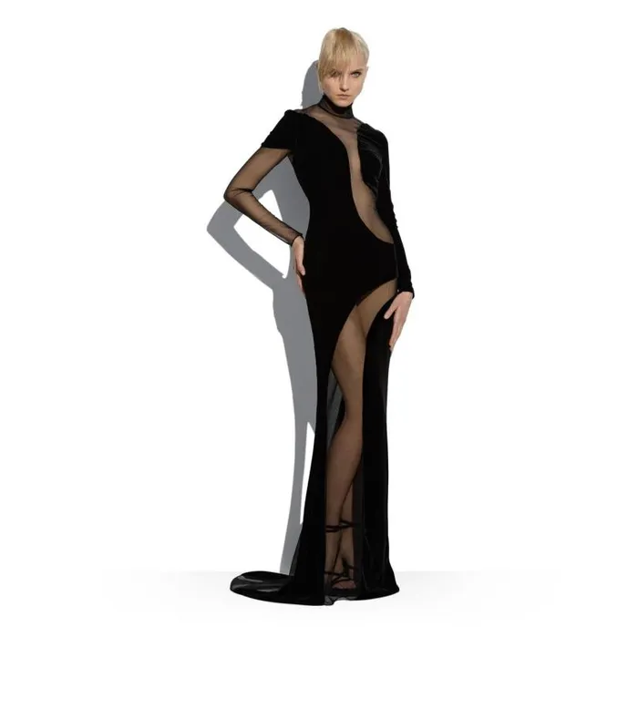 Women Evening Tom Ford Viscose Velvet Long Sleeve Evening Dress Black Women Evening Tom Ford Viscose Velvet Long Sleeve Evening Dress Black