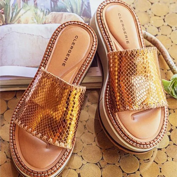Women FAST Metallic Snakeeffect Brown Clergerie Mules