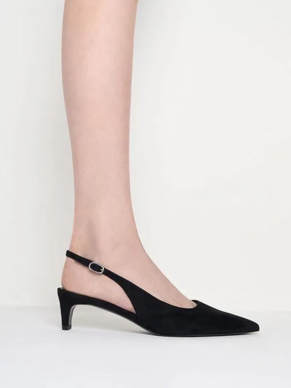 Women Faux Suede PointedToe KittenHeel Slingback Pumps 8211 Black Textured CHARLES and KEITH Heels