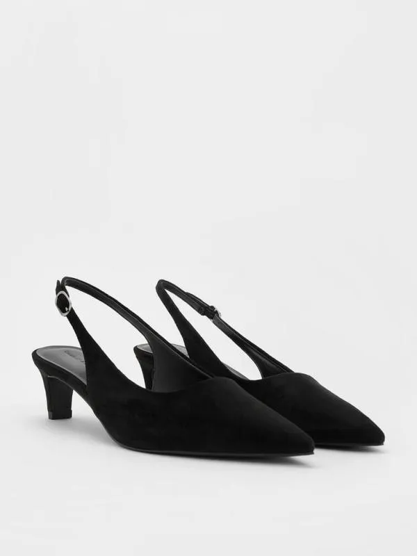 Women Faux Suede PointedToe KittenHeel Slingback Pumps 8211 Black Textured CHARLES and KEITH Heels