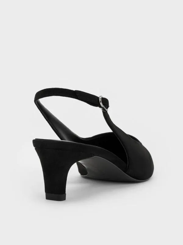 Women Faux Suede PointedToe KittenHeel Slingback Pumps 8211 Black Textured CHARLES and KEITH Heels